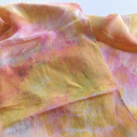 Shibori Silk Scarf/ Hand Dyed/ Pink/ Orange/ Yellow - Picture 3 of 4